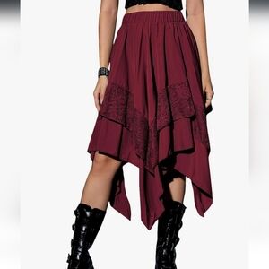 Burgundy Asymmetrical Hi Low Skirt With Lace Detail